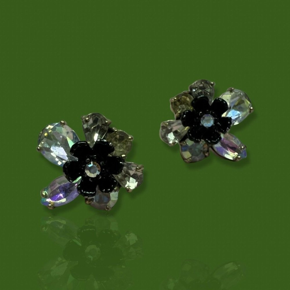 J. CREW Clear Iridescent Rhinestone Crystal FLOWER Stud Earrings
